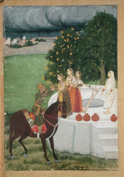 Um príncipe montado a receber água de senhoras num poço, miniatura de Murshidabad, c.1760 (guache no papel) de Indian School