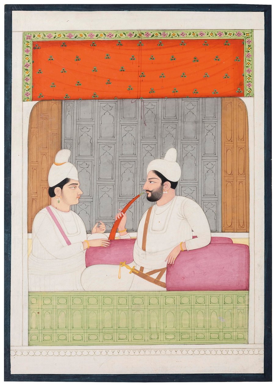 Um retrato de Raja Sansar Chand de Kangra e seu filho Aniruda Chand, Kangra, Punjab Hills, norte da Índia de Indian School