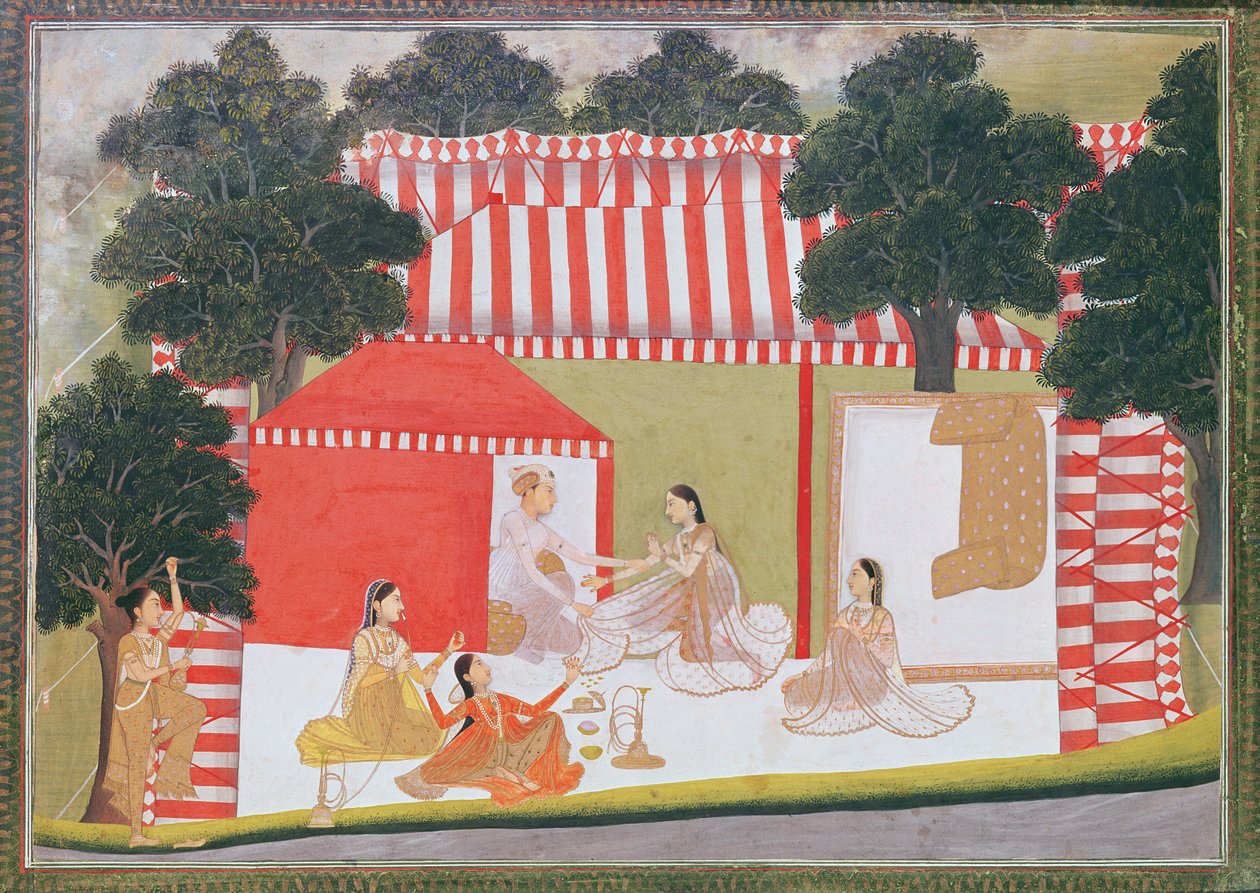 Um príncipe tentando puxar uma dama para sua tenda; uma empregada e amigos olham de surpresa, c.1760 (wc opaca no papel) de Indian School