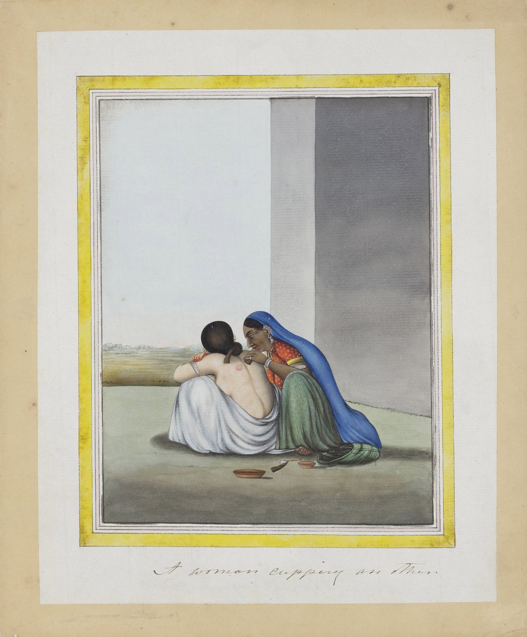 Uma mulher cobrindo outra, c.1815 (wc opaca no papel) de Indian School
