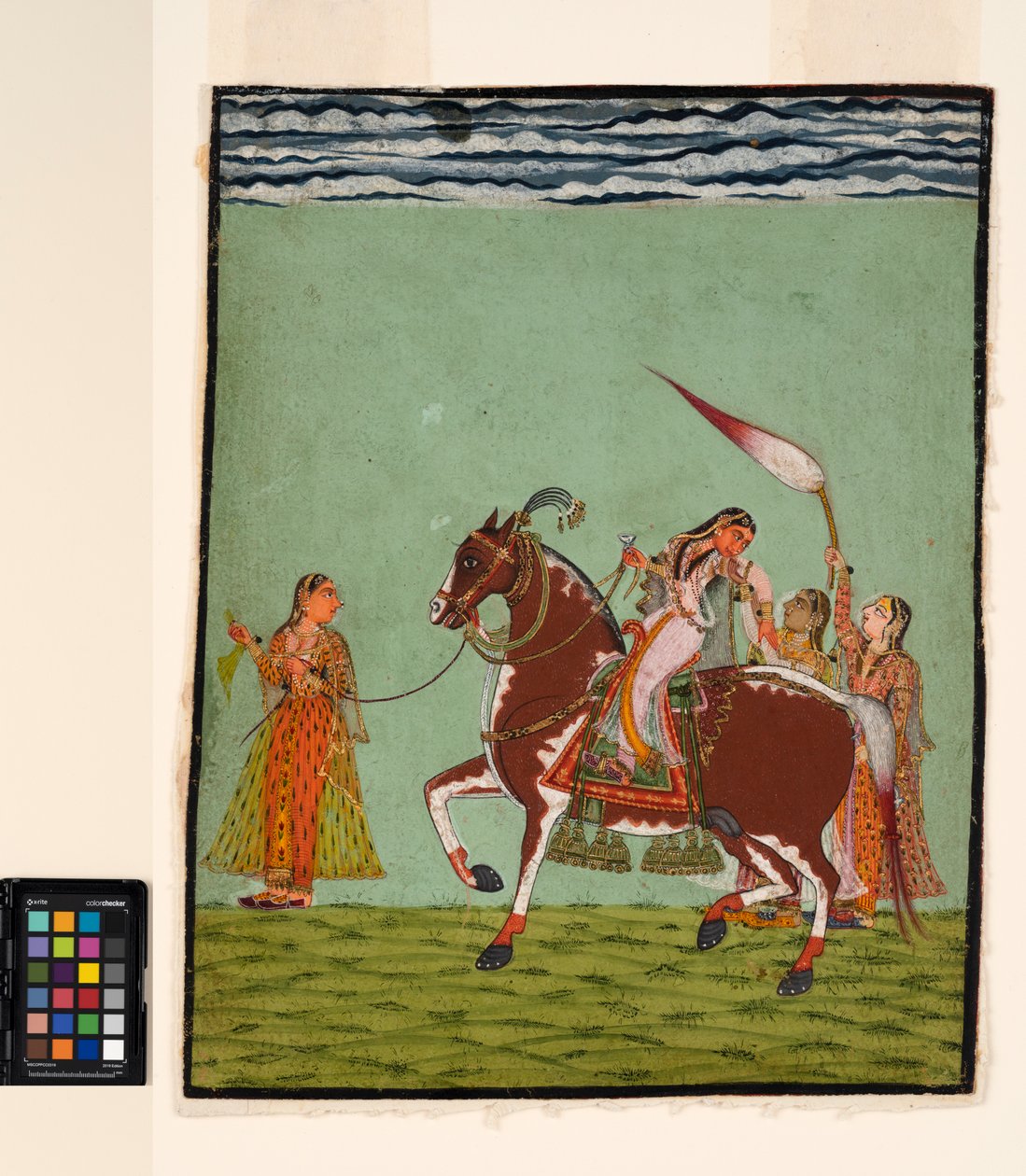 Uma mulher a cavalo com três atendentes, c.1735 (aquarela opaca sobre papel) de Indian School