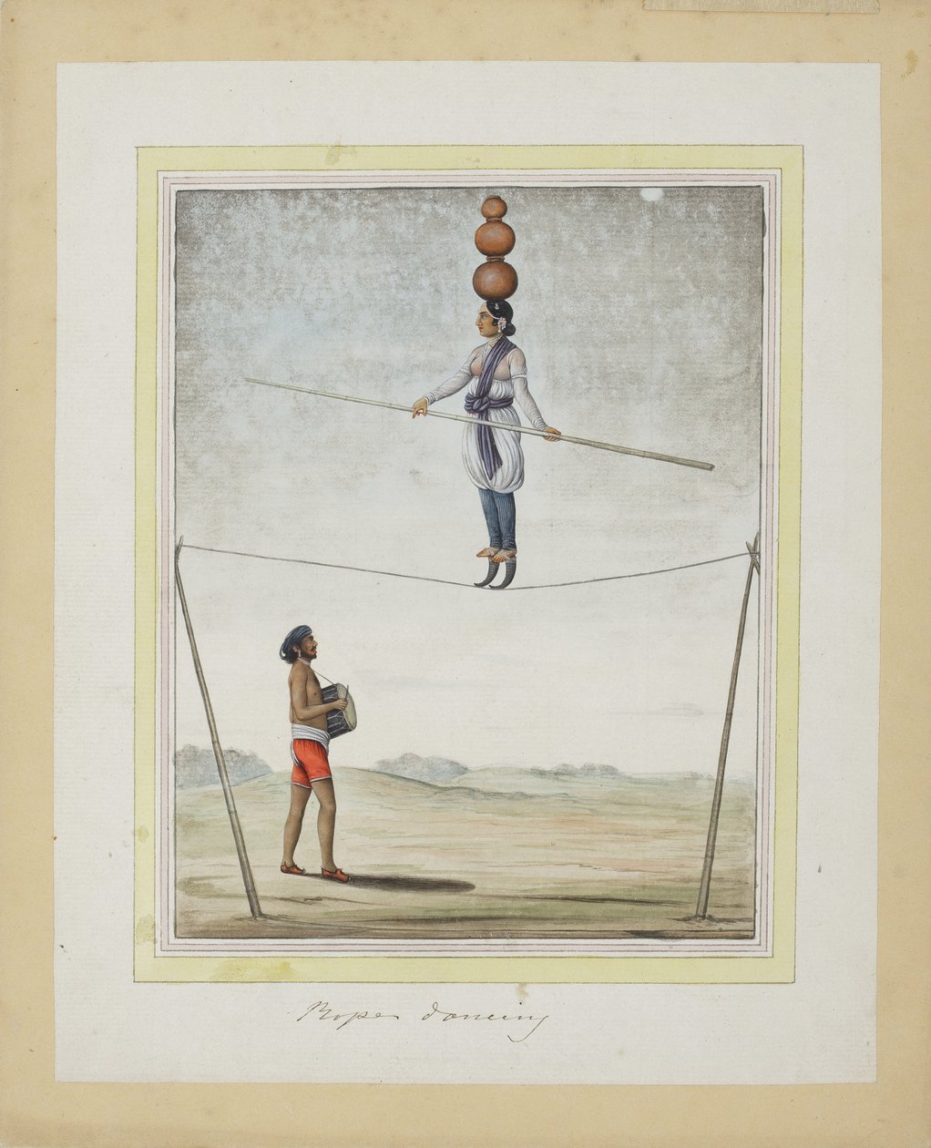 Acrobat em uma corda bamba, baterista abaixo, c.1820 (wc opaca no papel) de Indian School