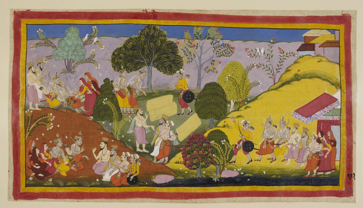 Adicione 15296 (1) f.101r, à esquerda Bharata, em sua extrema angústia, desmaia depois de ouvir Guha