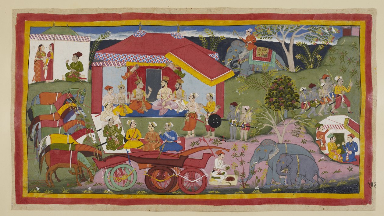 Acrescentar 15296 (1) f.104r, Num cenário de acampamento, Guha o Nishadaking é introduzido na reunião dos príncipes, brâmanes e ministros. Os cavalos, sem pestanejar das carruagens, ficam em fila amarrados e coxeados, enquanto um cornaca prepara o pó para  de Indian School