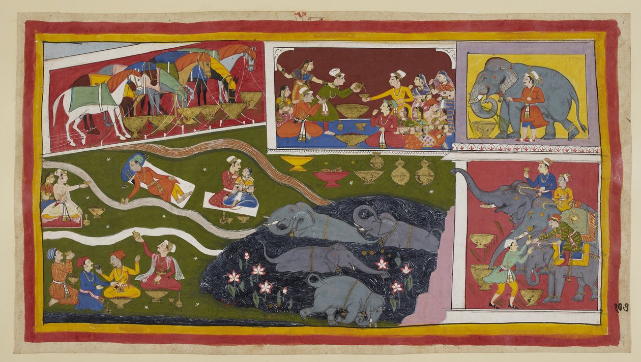 Acrescentar 15296 (1) f.107r, Os cavalos, elefantes e soldados também gostam da hospitalidade de Bharadvaja. Os cavalos, coxeados e amarrados, comem de grandes pratos dourados; do mesmo modo, os elefantes, aqui apresentados com cana-de-açúcar. Os elefantes de Indian School