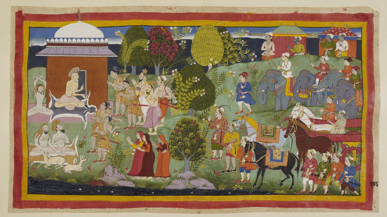 Adicione 15296 (1) f.108r, Bharadvaja, sentado fora de sua cabana com outros ascetas e veados, pergunta aos príncipes se eles desfrutaram de sua hospitalidade. Ele diz a eles e seus companheiros que Rama está morando em Citrakuta. A seu pedido, os príncipe de Indian School