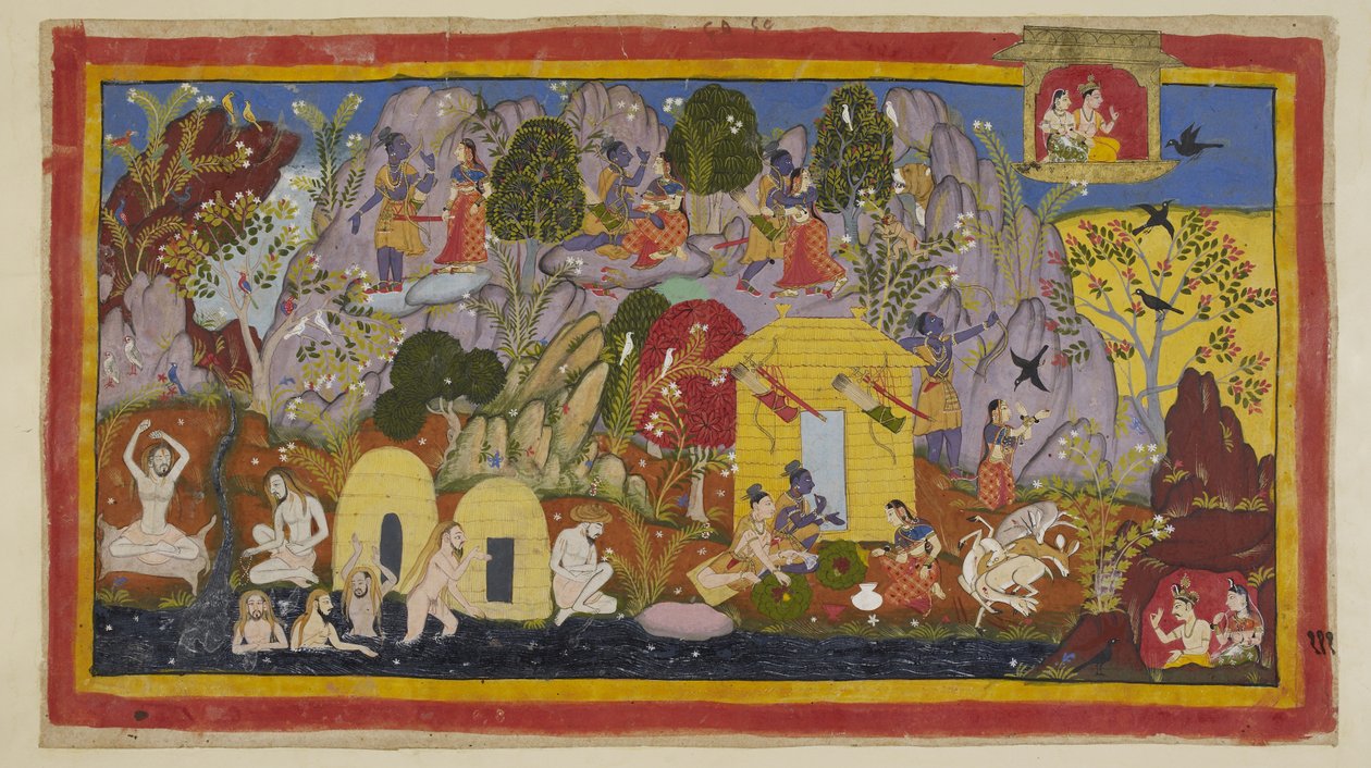 Adicionar 15296 (1) f.111r, Enquanto isso, tudo está em paz com os exilados em sua residência na montanha Citrakuta. Rama aponta suas belezas Sita - as muitas variedades de lindas árvores e pássaros, as rochas coloridas por pedras preciosas e minerais, e o de Indian School