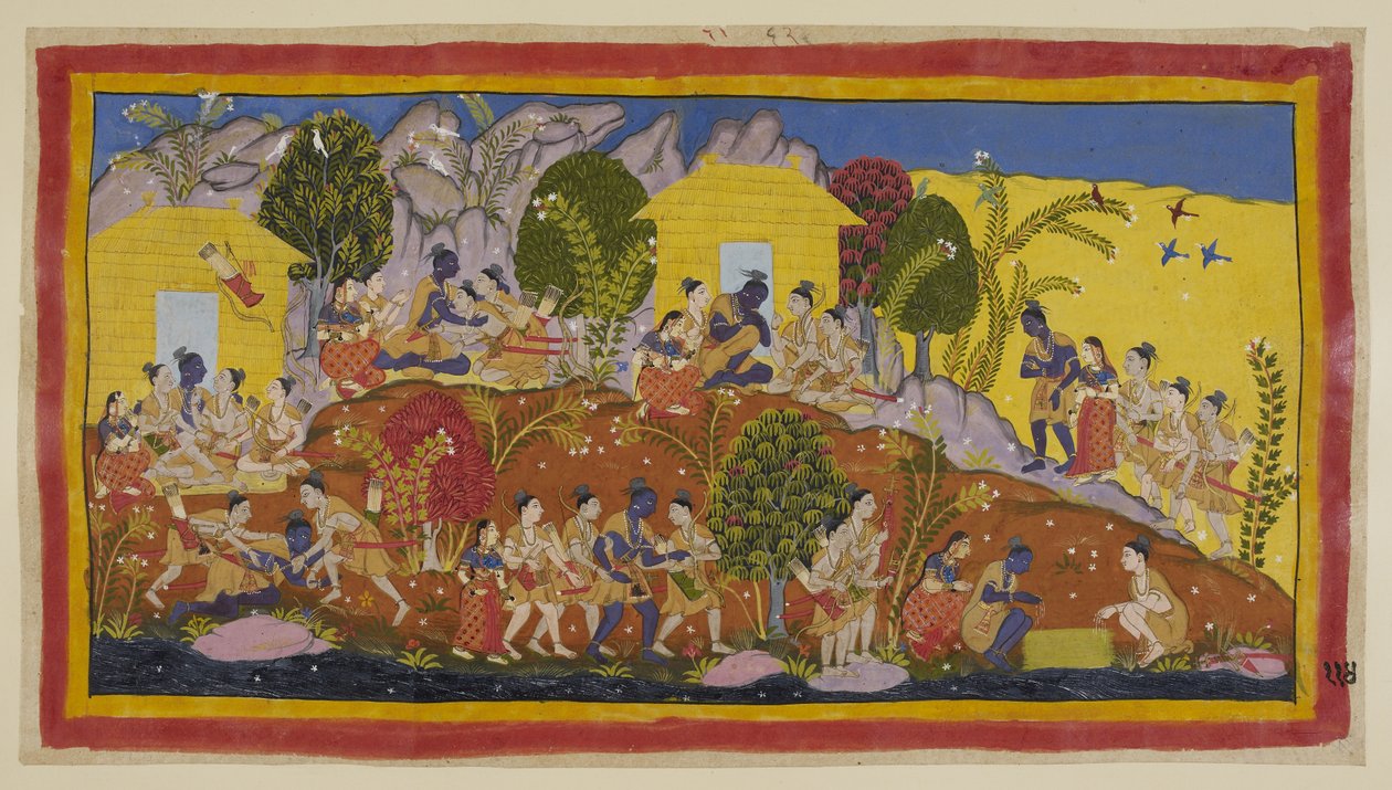 Adicionar 15296 (1) f.114r, No topo, no centro, Bharata e Shatrughna atiram-se aos pés de Rama, que abraça os seus irmãos mais novos e cheira as cabeças de Sitaeir. Rama leva-os ao seu colo enquanto pergunta pelo seu bem-estar e pelo do seu pai, e h de Indian School