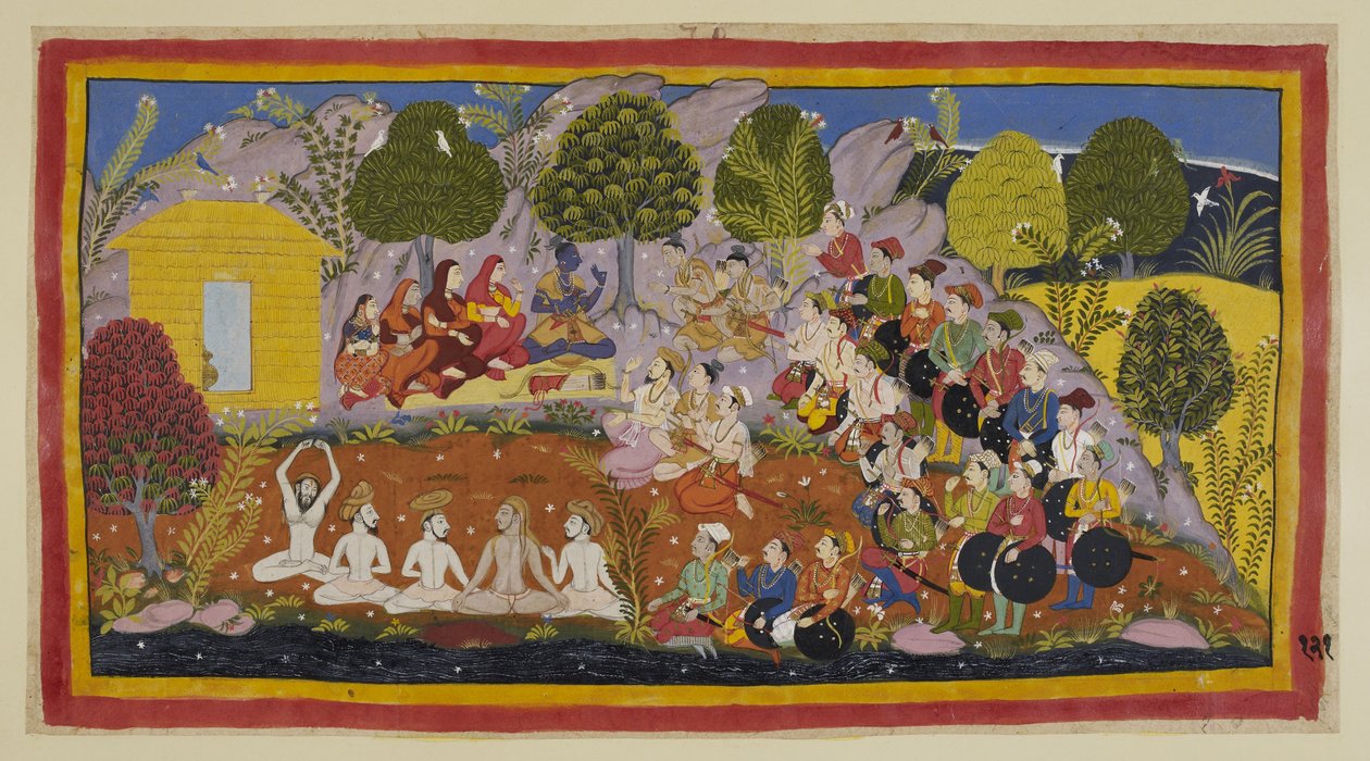 Acrescentando 15296 (1) f.121r, Rama está sentado num tapete de frente para os dois irmãos, com as três rainhas e Sita à sua direita. Bharata continua a instar Rama a regressar a Ayodhya para ser coroado, argumentando que o seu pai tinha pecado contra ele  de Indian School