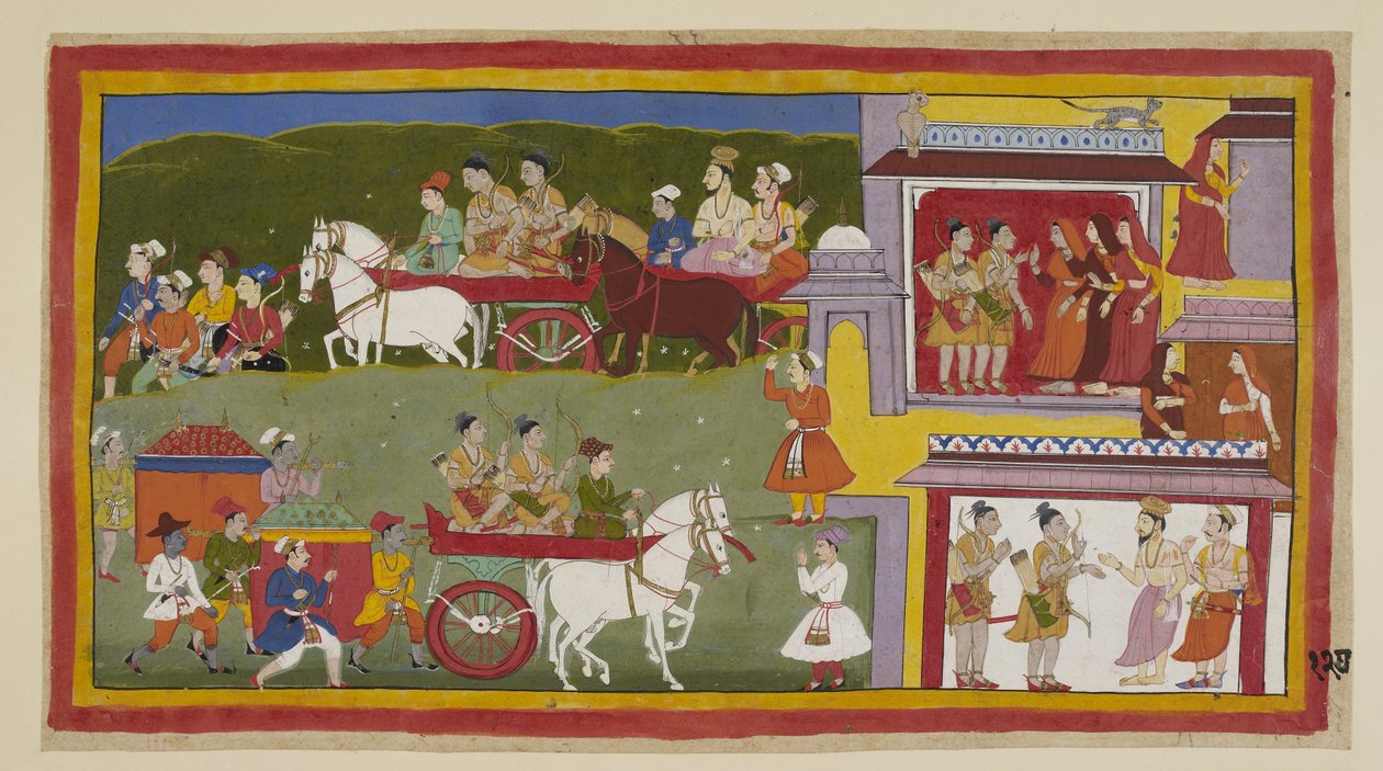 Acrescente 15296 (1) f.127r, A procissão regressa a Ayodhya, ao longo do fundo do quadro, sendo a cidade triste e deserta a assombrada de gatos e corujas. Bharata e Shatrughna despedem-se das rainhas e dizem a Vasistha que se vão retirar para N de Indian School