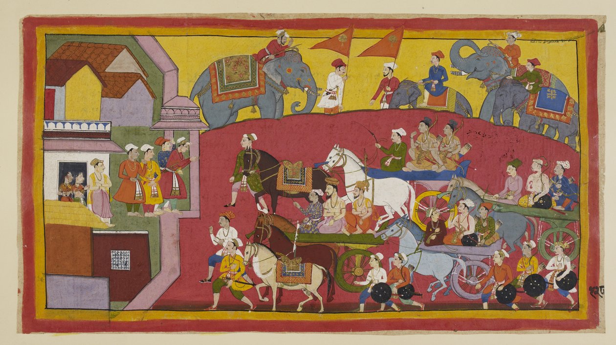 Acrescentar 15296 (1) f.128r, As carruagens de Vasistha e dos príncipes, frequentadas por vários ministros e pessoas, entram na cidade de Nandigrama. de Indian School