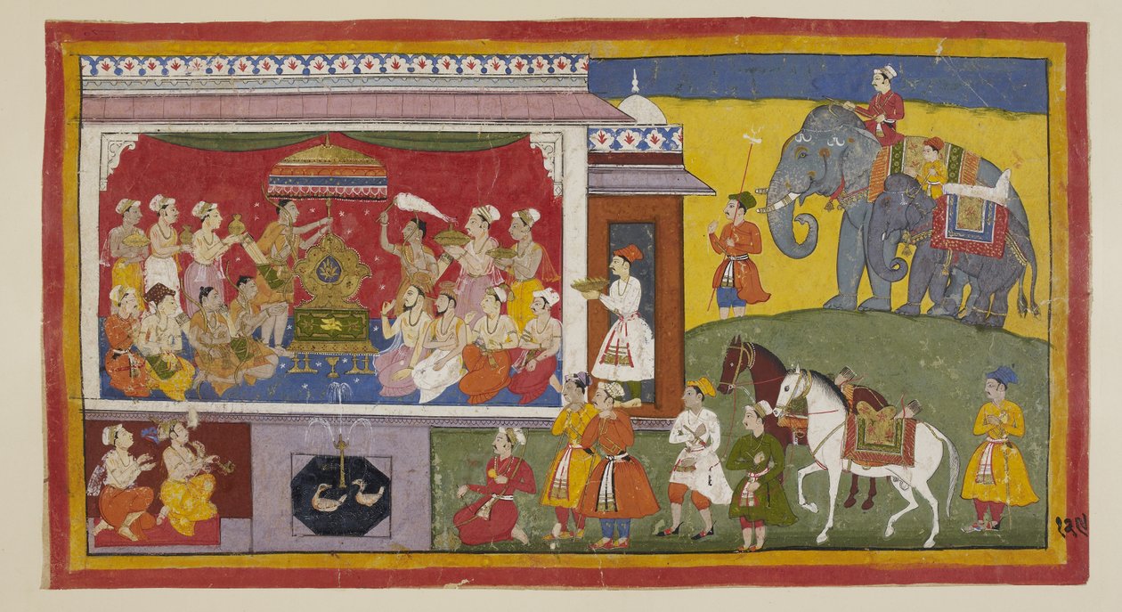 Adicionar 15296 (1) f.129r, Na sala do trono em NandigRama, Bharata coloca no trono as sandálias de Rama e com os padres e ministros reunidos instala-as como governante de Ayodhya. São doravante tratados como o próprio Rama. Os dois príncipes nas suas de Indian School