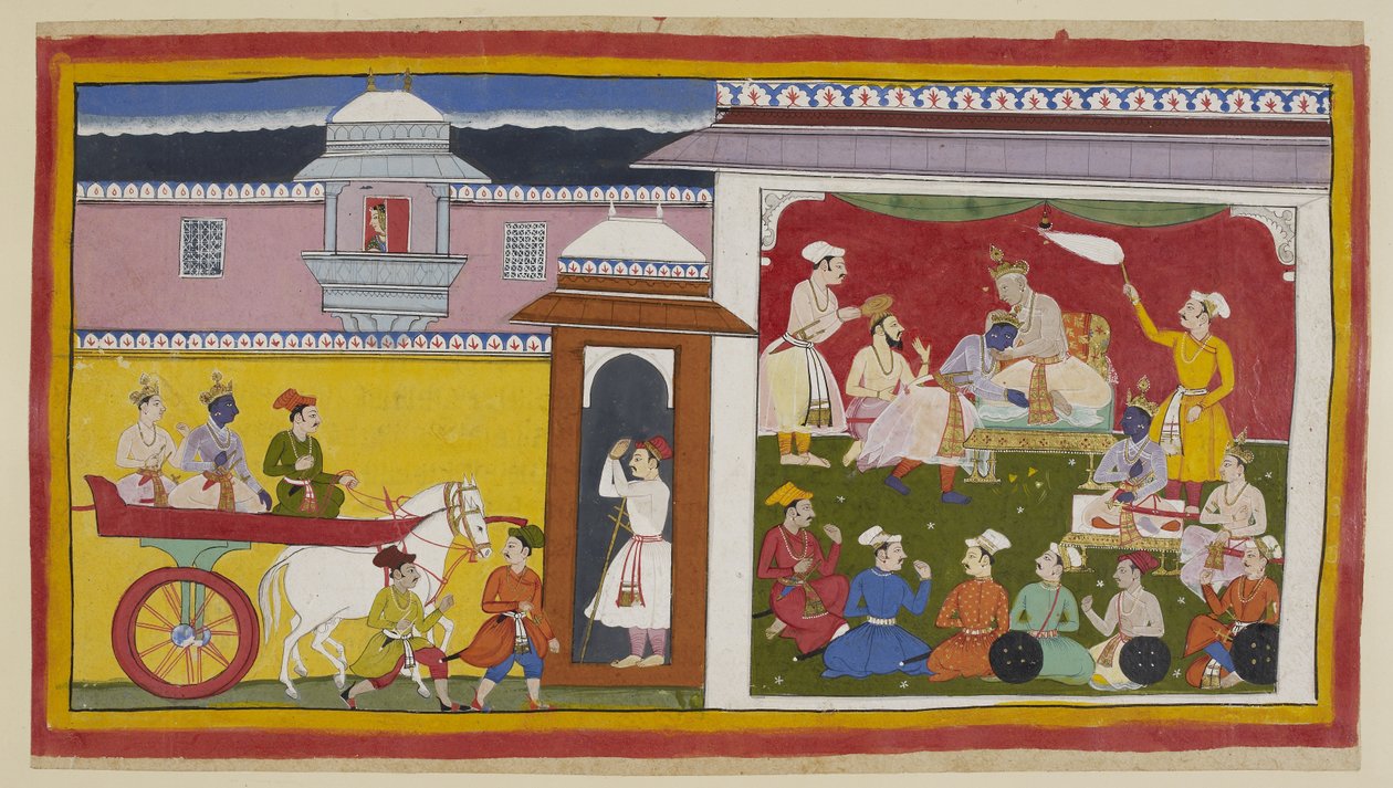 Adicione 15296 (1) f.12r, Sumantra traz Rama e Laksmana em uma carruagem para o salão durbar de Dasaratha, com uma mulher olhando de cima através de um jharokha. O rei cumprimenta Rama, informa-o de sua decisão e o senta em um pequeno trono ao lado dele en de Indian School