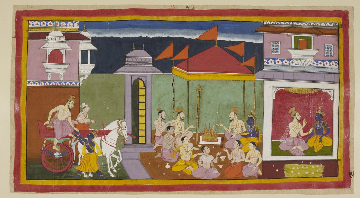 Adicione 15296 (1) f.15r, À esquerda, Vasistha chega ao palácio de Rama e com a ajuda de Rama desce de sua carruagem, e à direita, sentado com Rama, aconselha-o a jejuar naquela noite conforme instruído pelo rei. Uma pilha de grama kusa para Rama e sente-s de Indian School