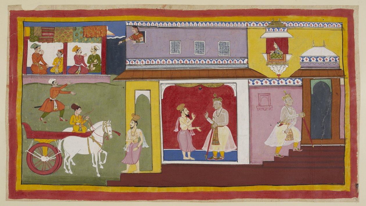 Acrescentar 15296 (1) f.18r, Vasistha regressa ao palácio e diz a Dasaratha que está tudo preparado para a cerimónia. Dasaratha retira-se para uma câmara interior do palácio. Acima, o criado de Kaikeyi Manthara olha para fora de uma janela superior e obser de Indian School