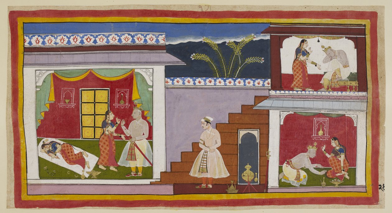 Acrescentando 15296 (1) f.24r, Kaikeyi é vista pela primeira vez à esquerda, desgrenhada, como na foto anterior, e depois levanta-se da sua cama para persuadir o seu marido a conceder-lhe as duas bênçãos que Dasaratha lhe tinha prometido anteriormente. À d de Indian School