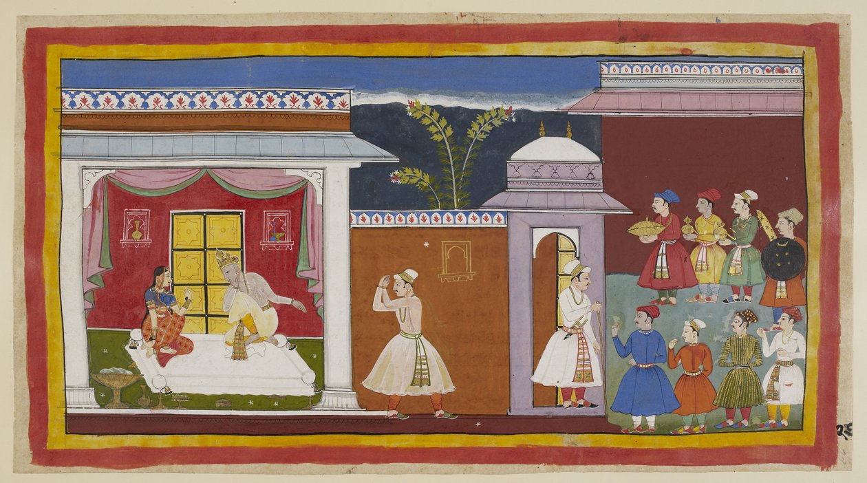 Acrescente 15296 (1) f.27r, Vasistha disse a Sumantra para dizer ao rei que tudo está pronto, e ele informa Dasaratha sobre isto. Kaikeyi diz-lhe, com o consentimento silencioso de Dasaratha, para ir buscar Rama. Fora da entrada do palácio à direita, os ci de Indian School