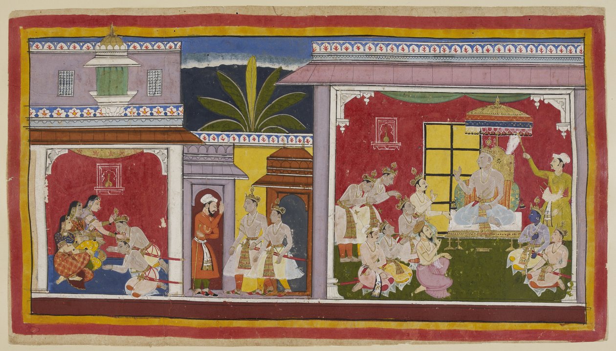 Adicione 15296 (1) f.2r, Na sala do trono em Ayodhya (à direita), o rei Dasaratha está sentado com seus quatro filhos, seu ministro Sumantra e seu principal sacerdote Vasistha. Yudhajit, irmão da rainha Kaikeyi e tio materno de Bharata, veio para levar Bha de Indian School