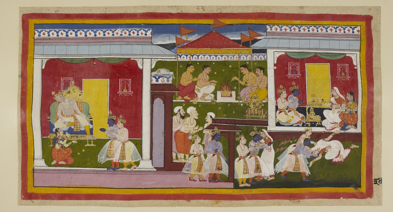 Acrescente 15296 (1) f.34r, Rama aceita o seu banimento com perfeita equanimidade, e ele e Laksmana despedem-se de Kaikeyi e Dasaratha, que com a cabeça abatida e o olhar desviado não conseguem olhar para o seu filho. Ele e Laksmana deixam o palácio de Kai de Indian School