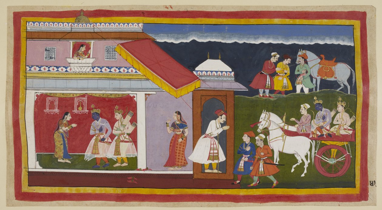 Adicionar 15296 (1) f.41r, Tendo finalmente convencido a sua mãe e irmão a aceitar calmamente o seu destino, Rama e Laksmana regressam ao seu próprio palácio na carruagem, a cabeça de Rama curvada na sua habitual humildade. São recebidos por Sita, que prim de Indian School