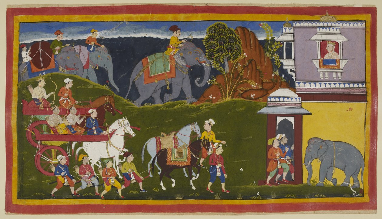 Adicionar 15296 (1) f.4r, Bharata, Shatrughna e o seu tio, juntamente com retentores e dois cavalos de montar, com elefantes carregados além da linha do horizonte, chegam ao palácio do rei de Kekaya, o avô materno de Bharata, que os espera olhando para for de Indian School