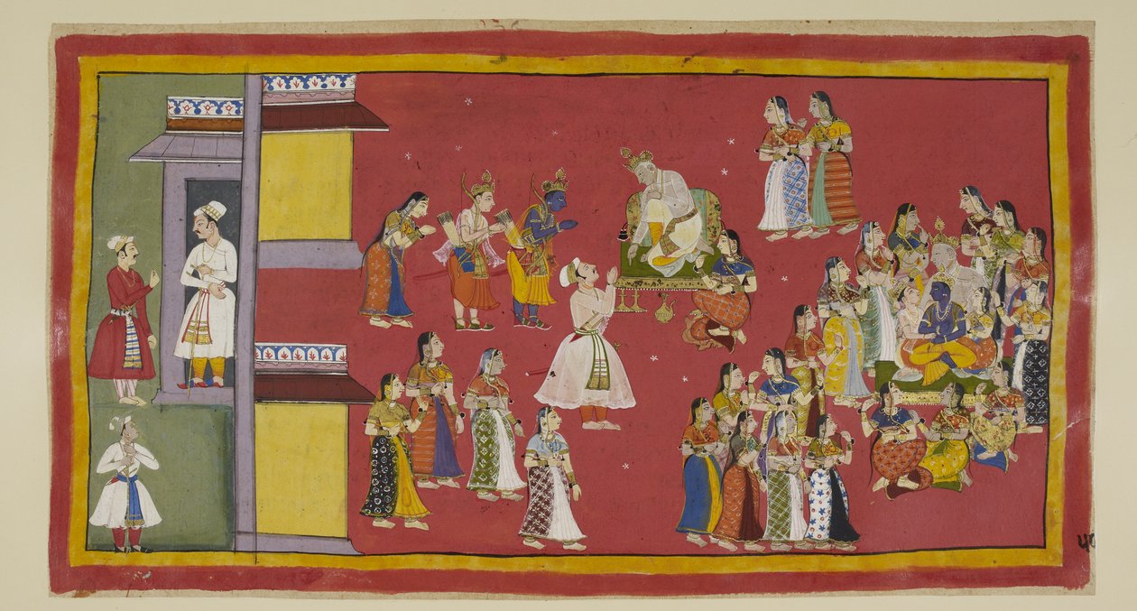 Adicione 15296 (1) f.50r, Dasaratha já havia ordenado a Sumantra que convocasse suas rainhas e todas as suas esposas, que agora cercam o rei quando Sumantra traz os exilados para se despedirem. Dasaratha tenta persuadir Rama a não ir para a floresta, nem m de Indian School