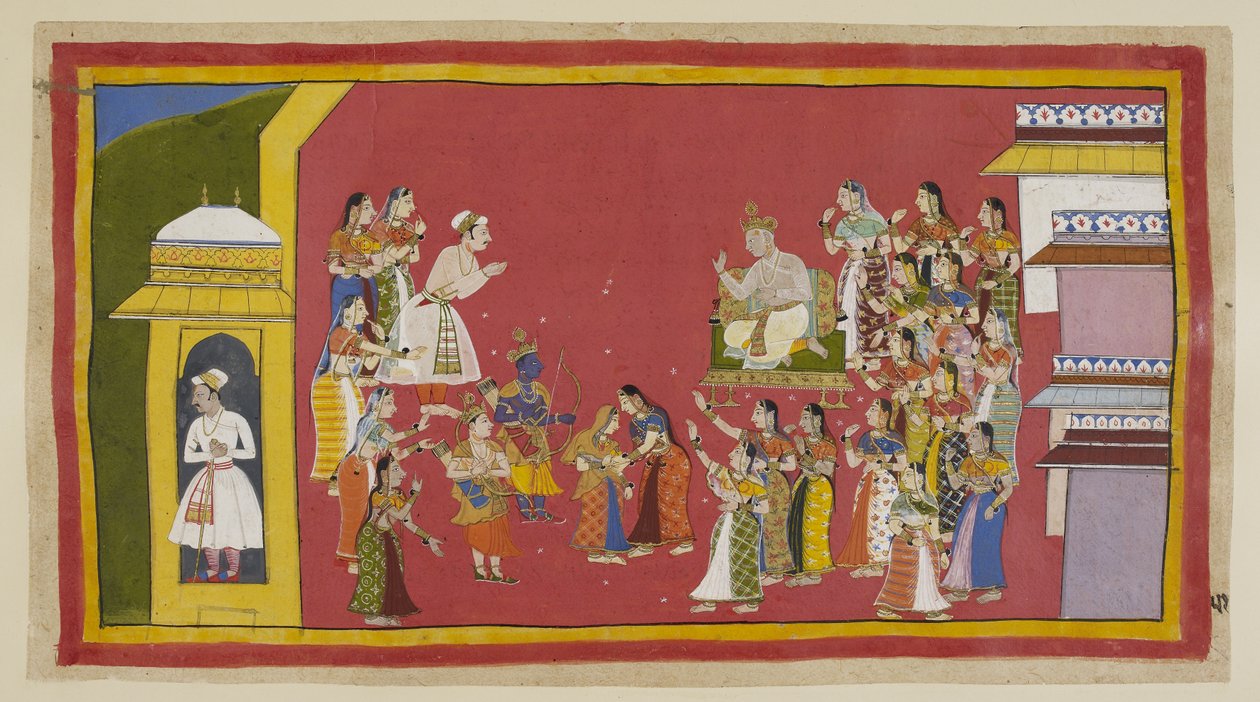 Adicionar 15296 (1) f.51r, Outros tentaram raciocinar com Kaikeyi em vão, e ela permanece resoluta. Dasaratha exortou Rama a adiar um pouco, mas ele está decidido a não adiar mais a sua partida. Tudo o que levará consigo serão peças de vestuário de de Indian School