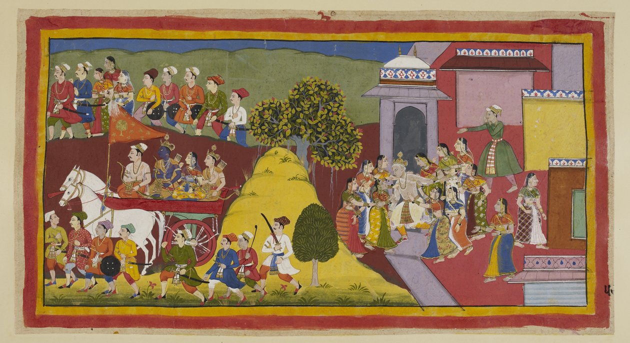 Acrescente 15296 (1) f.57r, Rama, insuportavelmente angustiado com a visão dos seus pais idosos a correr desesperadamente depois da carruagem, instou o condutor. A carruagem passa atrás de uma colina, ainda rodeada pelos habitantes da cidade, enquanto Dasa de Indian School