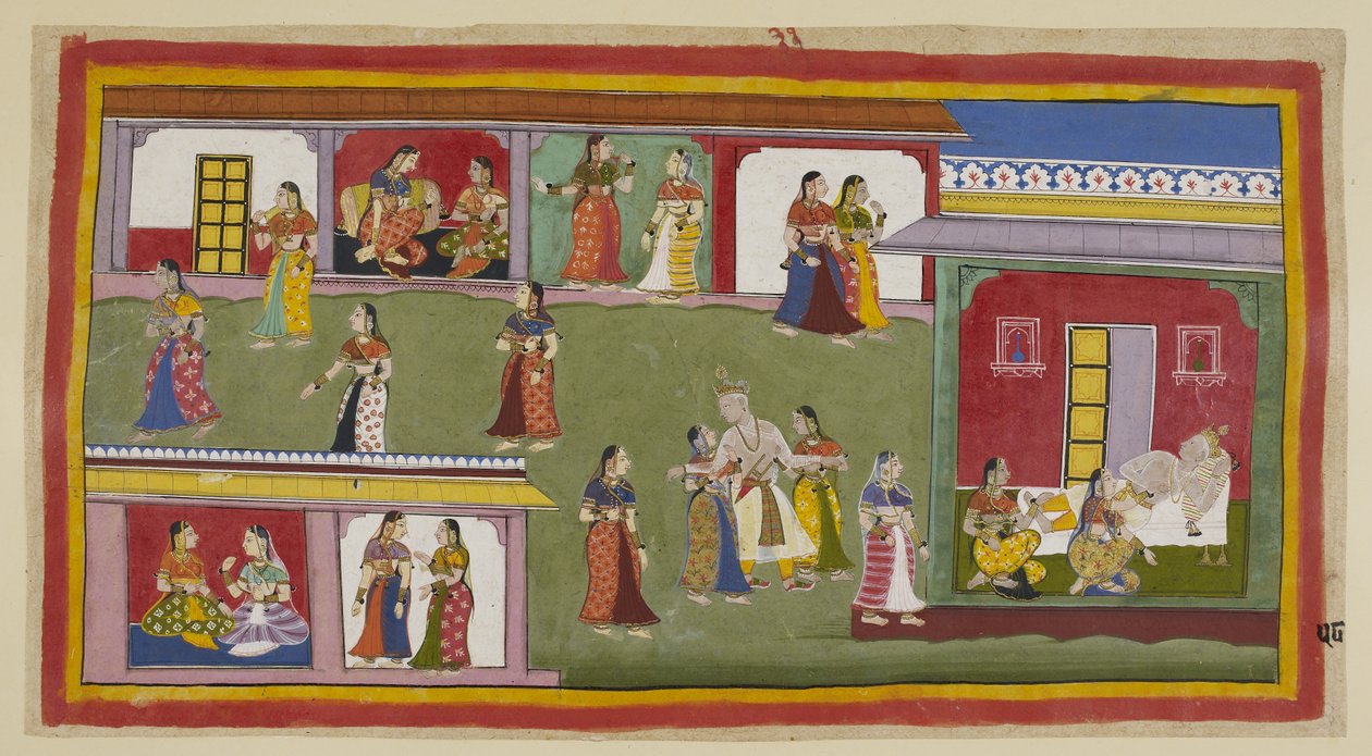 Acrescentar 15296 (1) f.58r, O rei é ajudado de volta ao seu palácio pelas suas rainhas. Ele repudia Kaikeyi, dizendo-lhe para habitar no palácio como viúva, pois não quer voltar a vê-la, e é ajudado a dormir por Kausalya e Sumitra, enquanto as rainhas men de Indian School