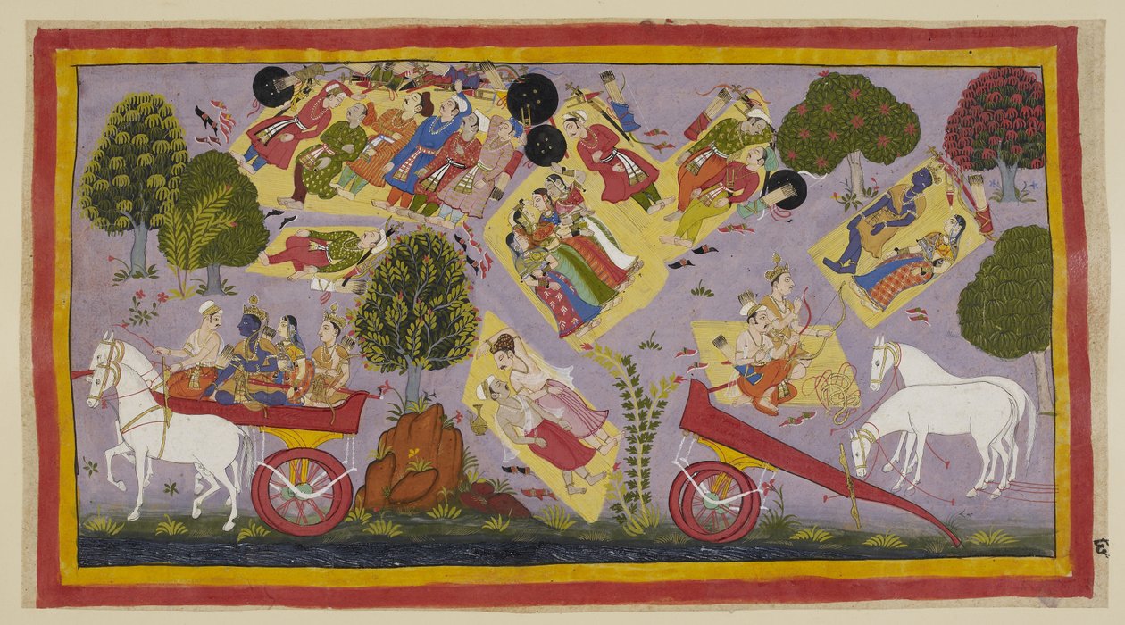 Acrescente 15296 (1) f.61r, Os exilados chegaram ao rio Tamasa e passaram a noite nas suas margens, ainda rodeados pelos habitantes da cidade em luto. Sita e Rama dormem sobre um leito de relva, enquanto Laksmana e Sumantra falam das virtudes de Rama, e os de Indian School