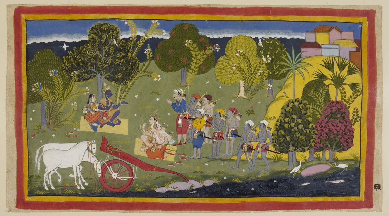 Adicionar 15296 (1) f.63r, Os companheiros chegaram ao rio Ganga em Srngaverapura Rama e Sita estão sentados em uma esteira de palha debaixo de uma árvore, destinada a ser uma árvore Ingudi, enquanto Laksmana e Sumantra estão igualmente sentados de frente  de Indian School