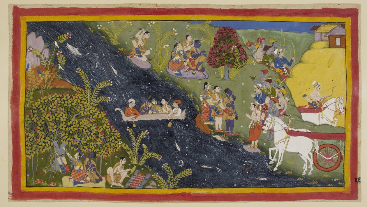 Acrescente 15296 (1) f.66r, Os companheiros chegaram ao rio Ganges e Guha, o chefe Nisada, veio cumprimentá-los juntamente com alguns dos seus habitantes da sua cidade próxima. Rama pede-lhe que providencie um barco para que eles possam atravessar o rio. E de Indian School