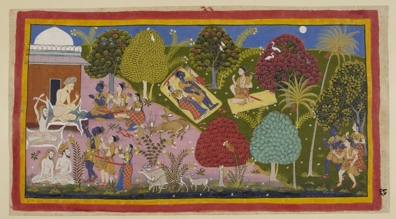 Adicione 15296 (1) f.68r, No centro superior, os três passam a noite na floresta. Sita e Rama estão deitados em uma esteira, sua espada e arco ao lado dele, enquanto Laksmana sentado em sua esteira repreende Rama por ceder à dor. Na parte inferior, eles en de Indian School