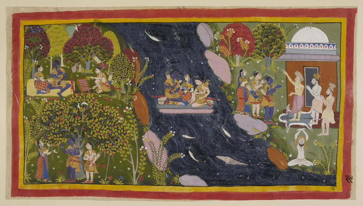 Adicione 15296 (1) f.69r, Bharadvaja, à direita em seu eremitério, aconselha os viajantes sobre o caminho para Citrakuta. No centro, eles atravessam o Yamuna em uma jangada improvisada, com Sita orando novamente à deusa do rio para um retorno seguro, e no de Indian School