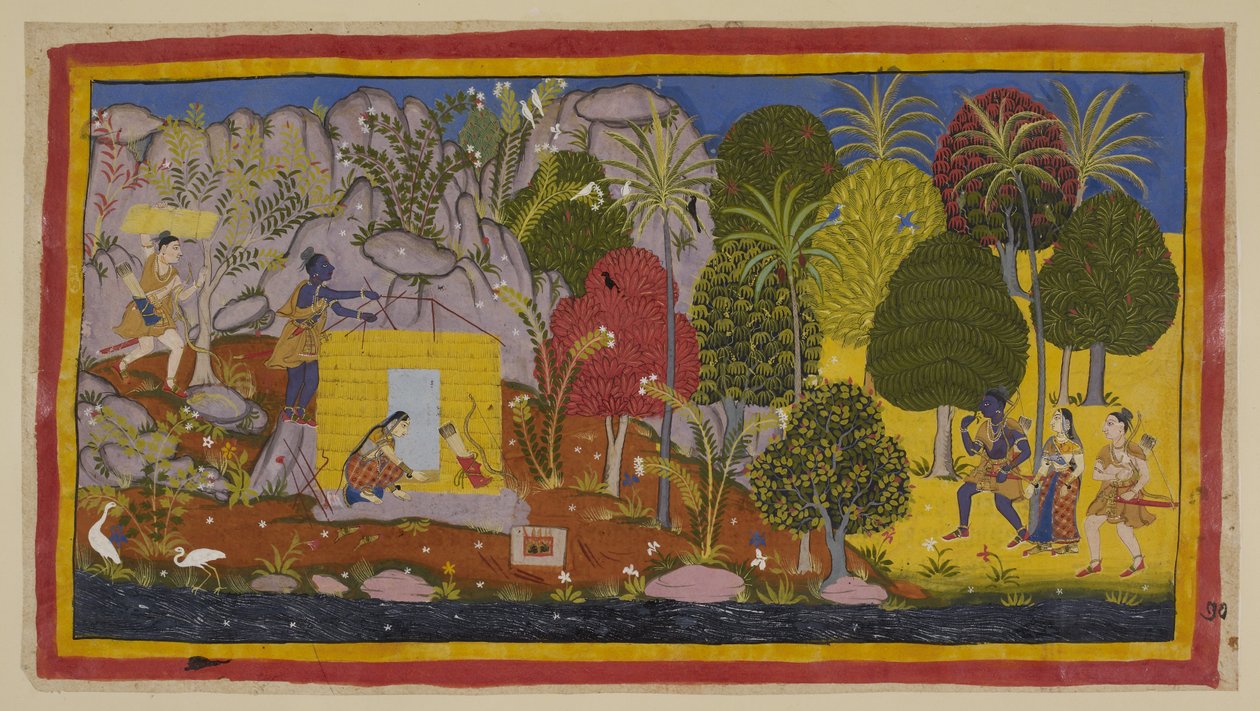 Adicionar 15296 (1) f.70r, Os três exilados aproximam-se da Citrakuta pela direita ao longo das margens do rio Yamuna. Rama maravilha-se com as árvores e plantas em flor que cobrem a montanha. À esquerda, num espaço plano perto do rio, os dois irmãos const de Indian School