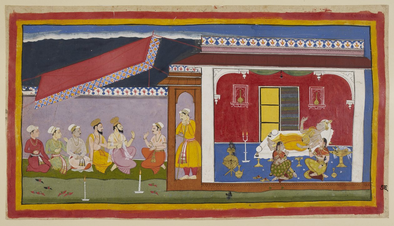 Adicione 15296 (1) f.76r, Dasaratha está deitado em sua cama em seu quarto, as duas rainhas sentadas ao lado dele, as três em atitude de conversar, enquanto tentam consolar uma à outra. Do lado de fora da sala, brâmanes e ministros conversam com Sumantra.  de Indian School