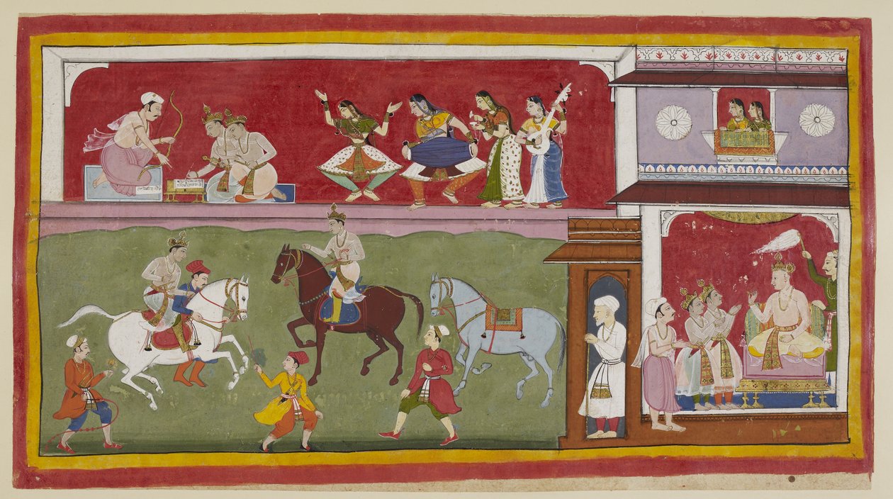 Acrescente 15296 (1) f.7r, À direita no palácio, os príncipes pedem ao rei professores de religião, artes e ciências, enquanto acima de duas senhoras numa janela de jharokha alcatifada olham para elas à esquerda enquanto praticam a equitação no campo de ex de Indian School
