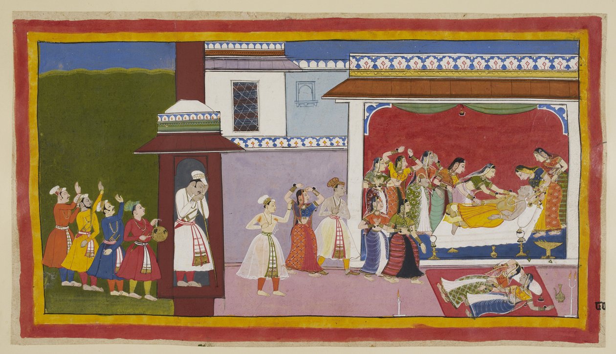 Acrescente 15296 (1) f.80r, Cardos, músicos e dançarinos chegam de manhã à porta do quarto do rei para o acordar, enquanto dentro de um grupo de mulheres tentam acordá-lo do sono e descobrir que ele está morto. Kausalya e Sumitra, exaustas através do thei de Indian School