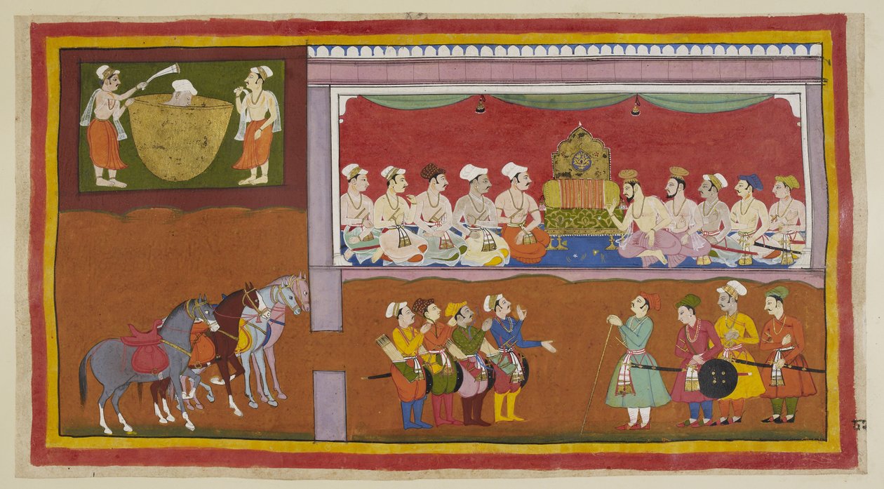Adicionar 15296 (1) f.82r, Na ausência de seus filhos o corpo do rei é colocado em um caldeirão de óleo, com atendentes abanando-o com reverência, enquanto no salão durbar ministros e brâmanes debatem o que fazer, em ambos os lados da vaga. trono. Vasistha de Indian School