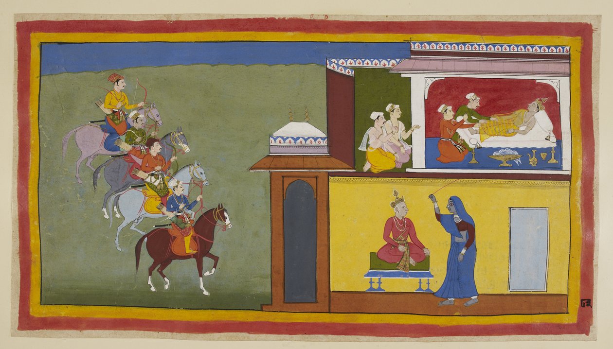 Acrescente 15296 (1) f.83r, Os quatro mensageiros a cavalo aproximam-se da cidade de Kekaya, enquanto os tratadores tentam acordar Bharata, que tem tido sonhos alarmantes com o seu pai. Num deles, mostrado abaixo, o rei vestido à paisana, e sentado sobre u de Indian School