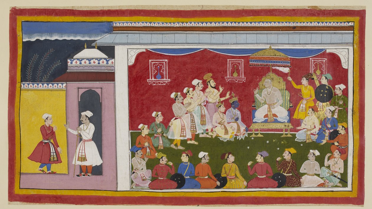Acrescente 15296 (1) f.8r, Dasaratha está sentado no seu trono em pleno durbar, com Rama e Laksmana ajoelhados ao seu lado, enquanto o mensageiro enviado por Bharata da corte do seu avô diz ao rei Sitae como os seus outros dois filhos estão a estudar dilig de Indian School