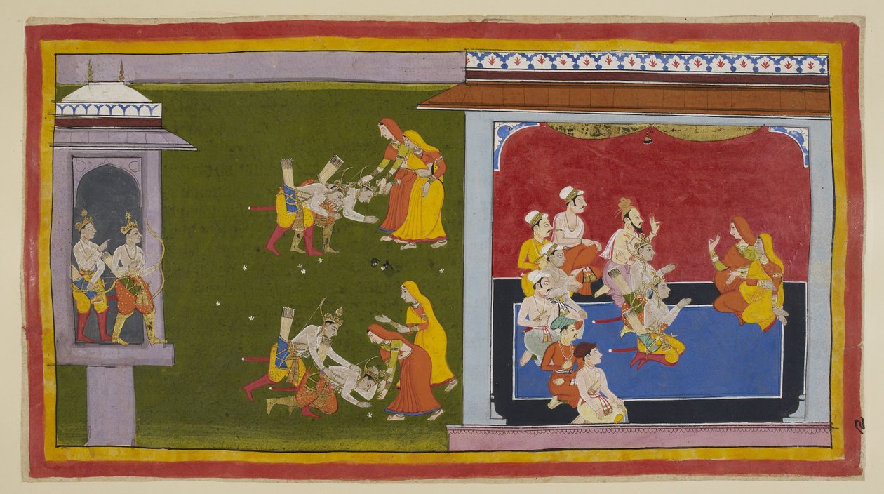 Acrescente 15296 (1) f.90r, Os príncipes partem ao encontro das suas outras mães no seu zenana, mas Kausalya e Sumitra, vestidas com saris de luto vermelho e amarelo, tendo ouvido falar do seu regresso, já partiram ao seu encontro. Kausalya censura Bharata de Indian School