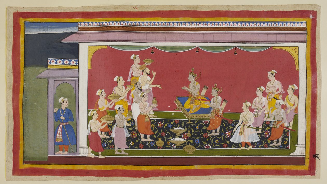 Adicione 15296 (1) f.96r, Bharata e Shatrughna realizaram os ritos fúnebres de seu pai e quatorze dias depois, após o período prescrito de luto, os sacerdotes chefiados por Vasistha e ministros trazem os artigos necessários para a coroação a Bharata em de Indian School