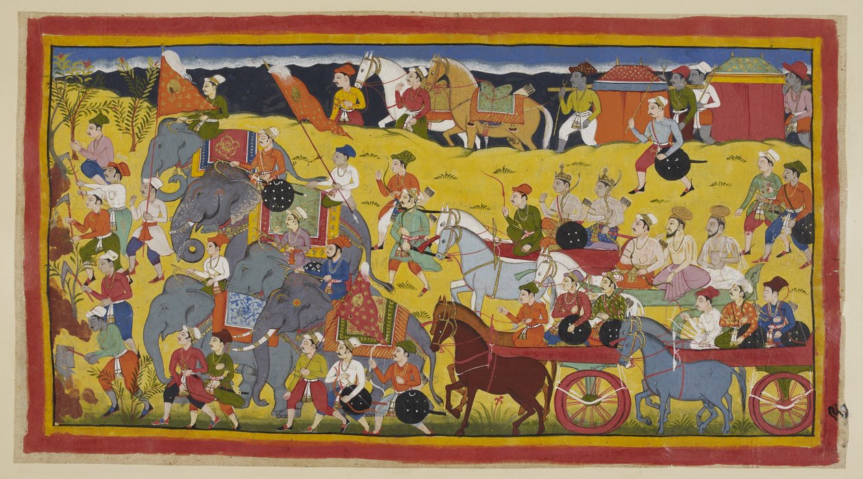 Acrescentar 15296 (1) f.97r, Os príncipes com seus gurus, ministros e exército partiram para a floresta, precedidos por homens cortando as árvores para fazer um caminho e pelos elefantes reais. Duas liteiras transportam as rainhas, precedidas por dois cava de Indian School