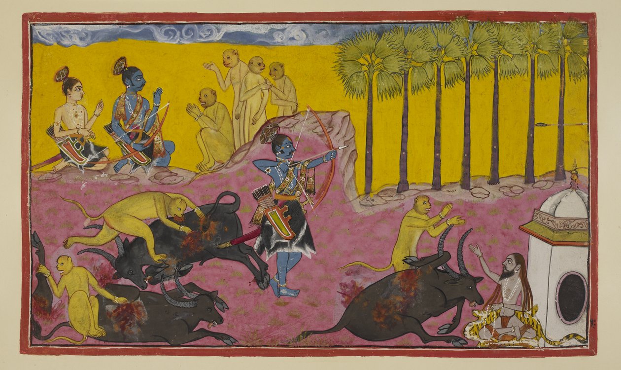 Adicione 15296 (2) f.12r, Sugriva e seus macacos, vistos no topo à esquerda, continuam a contar a Rama e Laksmana a história de Bali e Dundubhi. Bali era tão poderoso que ele foi capaz de rasgar o demônio membro por membro e então arremessar a carcaça no a de Indian School