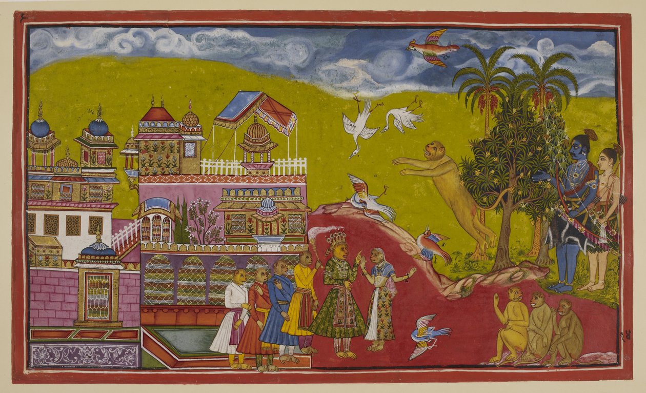 Adicionar 15296 (2) f.14r, Sugriva e os seus aliados vieram ao palácio de Bali em Kiskindha. Sugriva ruge o seu desafio de tal forma que as aves caem do céu em susto. Bali, a sua rainha Tara e os seus ministros emergiram ao ouvir o alvoroço. Th de Indian School