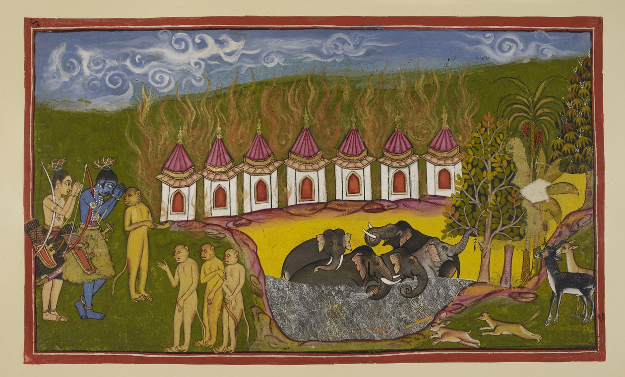 Adicione 15296 (2) f.15r, Sugriva foi derrotado e repreende Rama por não ajudá-lo, mas Rama lhe diz que não conseguiu distinguir entre ele e seu irmão. No caminho de volta para Kiskindha para renovar seu desafio, Rama e Laksmana saúdam o Saptaj de Indian School