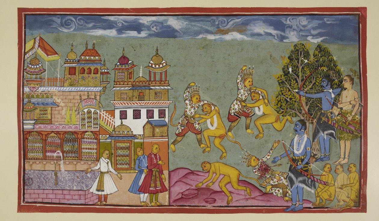Adicionar 15296 (2) f.18r, Fora do palácio, Sugriva e Bali batem um no outro furiosamente com punhos e pregos e depois rasgam árvores e pedras, mas Bali é o mais forte e lentamente Sugriva é obrigado a ceder terreno. Quando Rama vê que Sugriva está a perde de Indian School