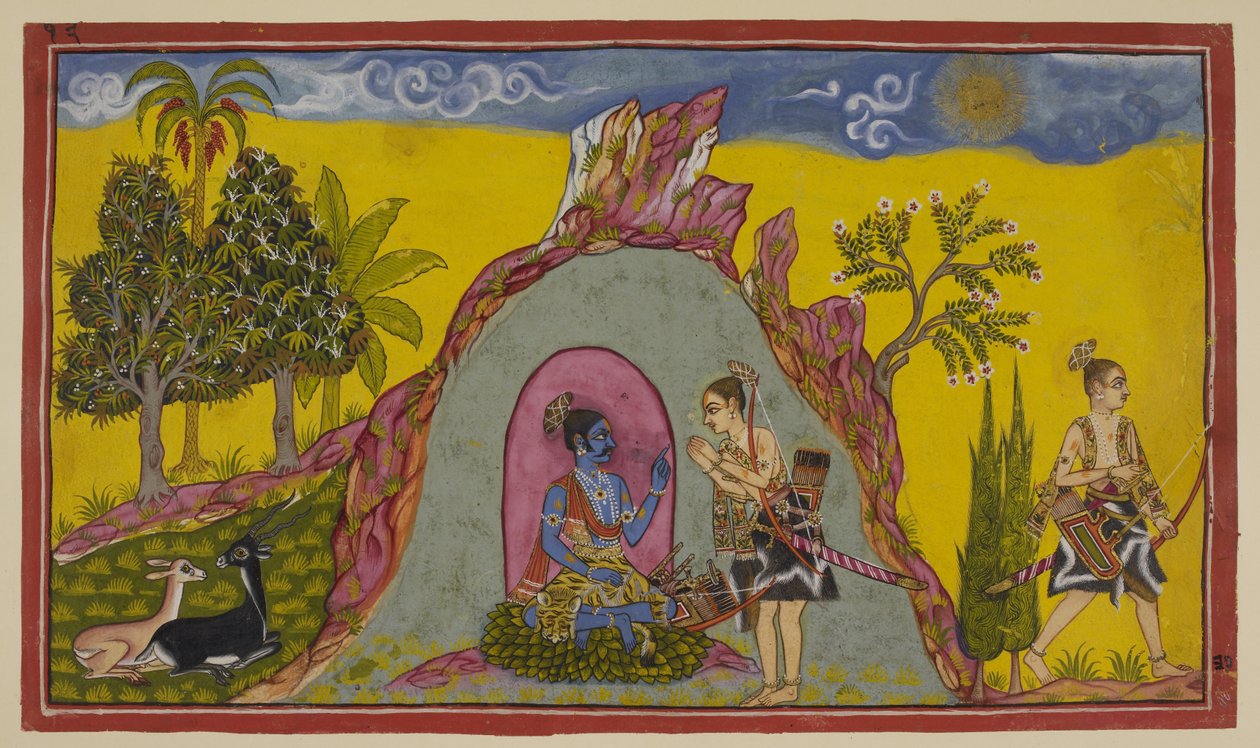 Acrescente 15296 (2) f.30r, No Monte Prasravana, os dois príncipes esperam até ao advento do Outono e da estação das chuvas para ir para a guerra, enquanto se divertem com a beleza da flora e da fauna na montanha e com as maravilhas da estação das chuvas.  de Indian School