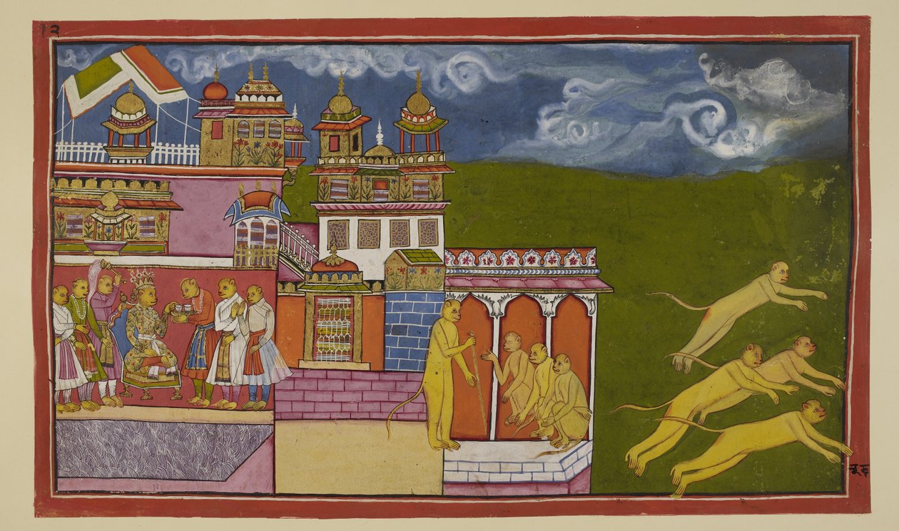 Adicione 15296 (2) f.36r, Nesta ilustração ligeiramente fora de lugar, Sugriva sentado em seu trono, aceitando uma bebida de um atendente, foi aconselhado por Hanuman a apaziguar a ira de Laksmana. Sugriva, por insistência de Hanuman, enviou mensageiros pa de Indian School
